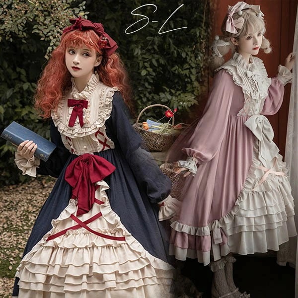 ロリータ 甘ロリ ワンピース Aライン Lolita メイド 女の子 コスプレ ミモレ丈 レディース 森ガール 可愛い ゆめかわいい 女の子 ガールズ リボン 蝶結び 学園祭 文化祭 イベント デート