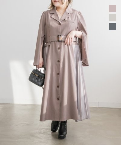 大きいサイズ レディース LL 3L 4L XL XXL XXXL CLETTEオリジナル袖スリットサイドプリーツワンピース