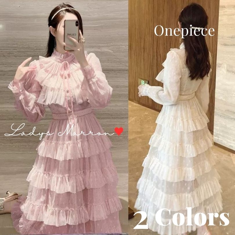 人気新品お呼ばれドレス 結婚式 お呼ばれワンピース パーティードレス 韓国 ドレス 白ドレス ピンクドレス リボンドレス ティアードドレス ガーリードレス ロングワンピース 花柄 春 秋 長袖 ロング 5,309円