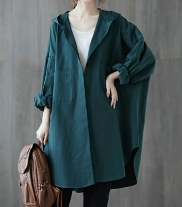 レディース コート アウター 上着 ロング 7分袖 長袖 襟なし ワイド ポケット フード 薄手 シンプル カジュアル ラフ メンズライク ボーイッシュ ルーズ クール アクティブ ナチュラル 無地