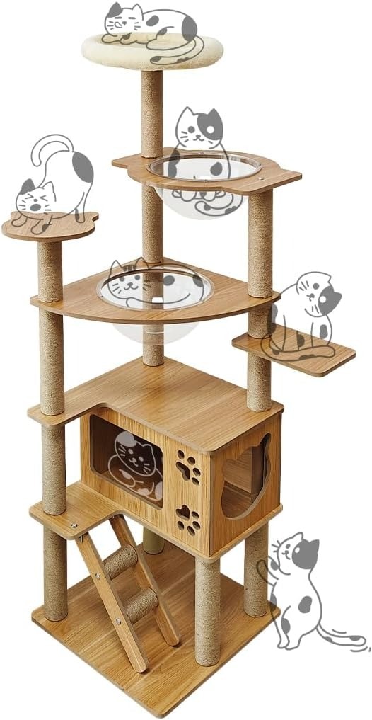 キャットタワー 木製 宇宙船付き 高さ160cm 爪研ぎポール 子猫 多頭飼い 丸角デザイン お手入れ簡単 省スペース おしゃれ インテリア 安定 人気 猫ハウス 遊び場 6,469円