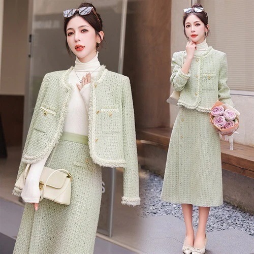 ツイードスカートセット 春秋新作 エレガント ウール2点セット