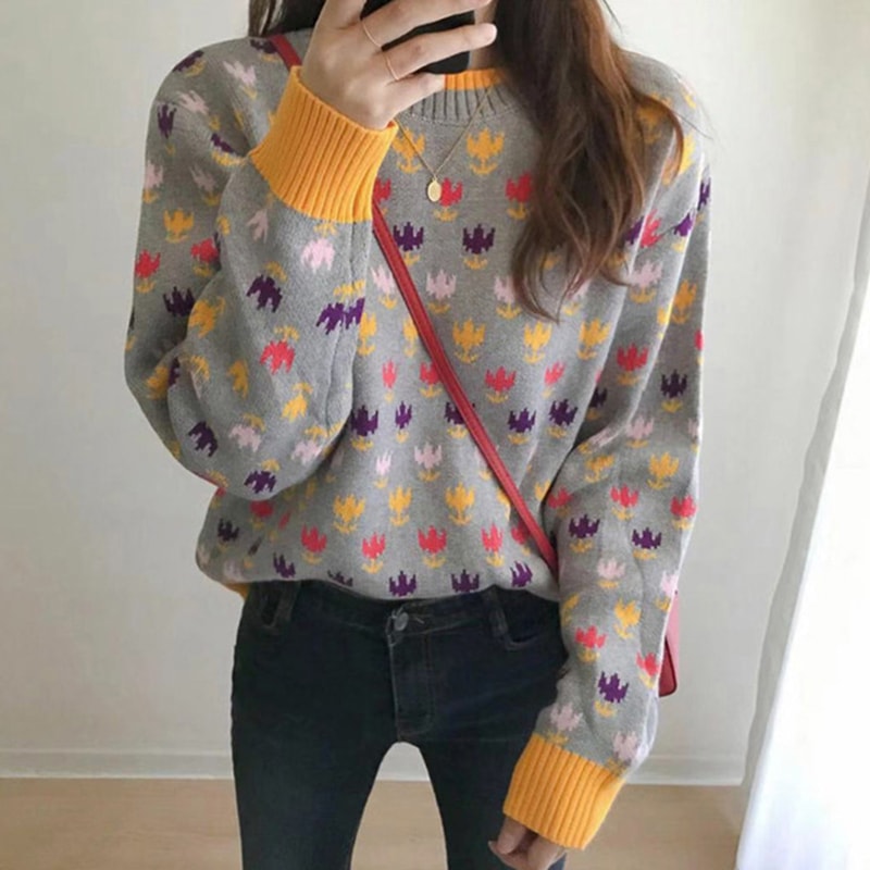 【送料無料】レディース セーター ニット ルーズラウンド 花柄 大人可愛い ママコーデ