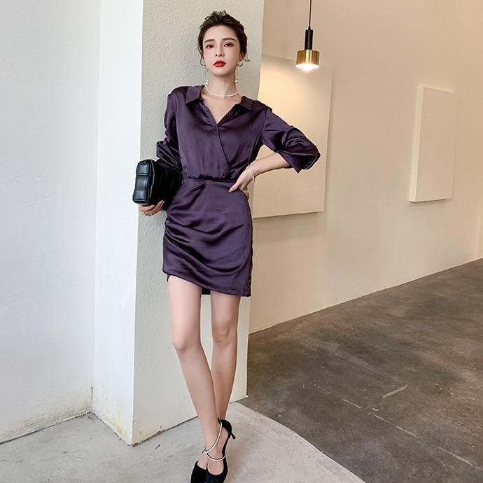 レディース ワンピース ワンピドレス ミニ ミニ丈 長袖 Vネック 襟付き 細身 ウエストマーク 5,502円