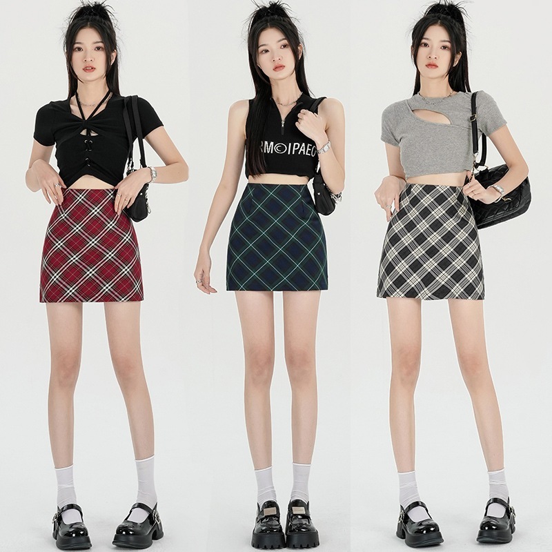 アメリカンレトロカレッジスタイルの女性用サブスカート春夏新作ハイウエストチェック柄aライン多用途ヒップ抱きショートスカート