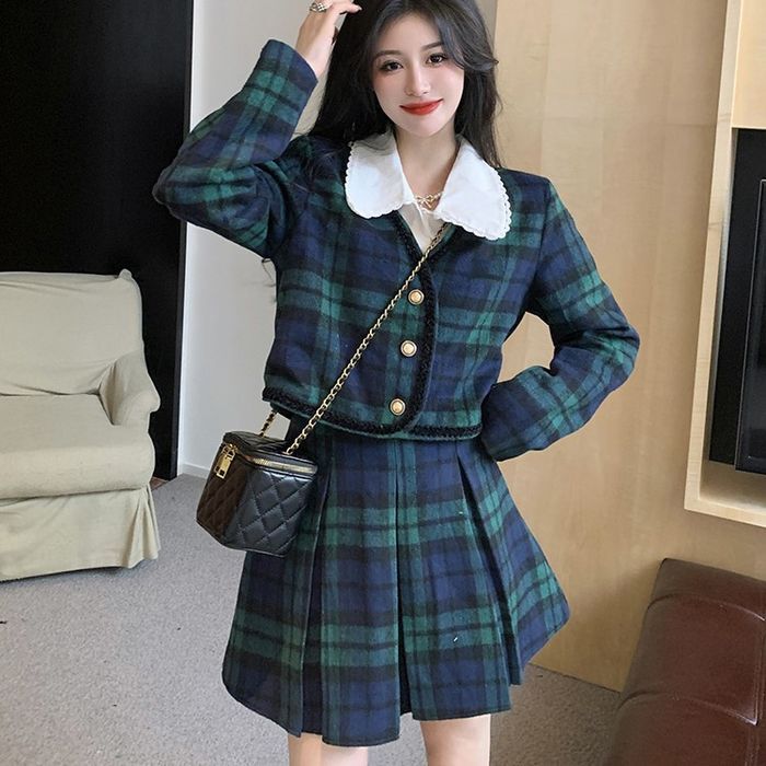 セットアップ レディース ジャケット L XL 2XL 3XL 4XL 韓国 スカート ロング丈 ショート丈 袖あり 長袖 パイピング ボタン ノーカラー 2点セット 大人可愛い きれいめ 大人 上品