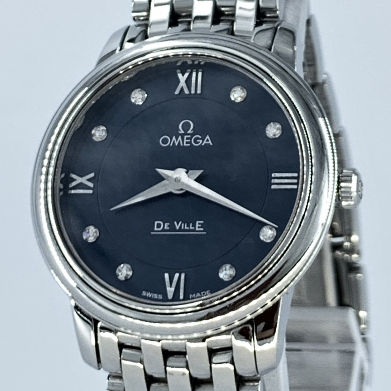 稼働美品 De Ville デ・ヴィル デビル Prestige プレステージ 424.10.27.60.53.001 クォーツ ダイヤモンドインデックス 青文字盤 レディース腕時計 2針