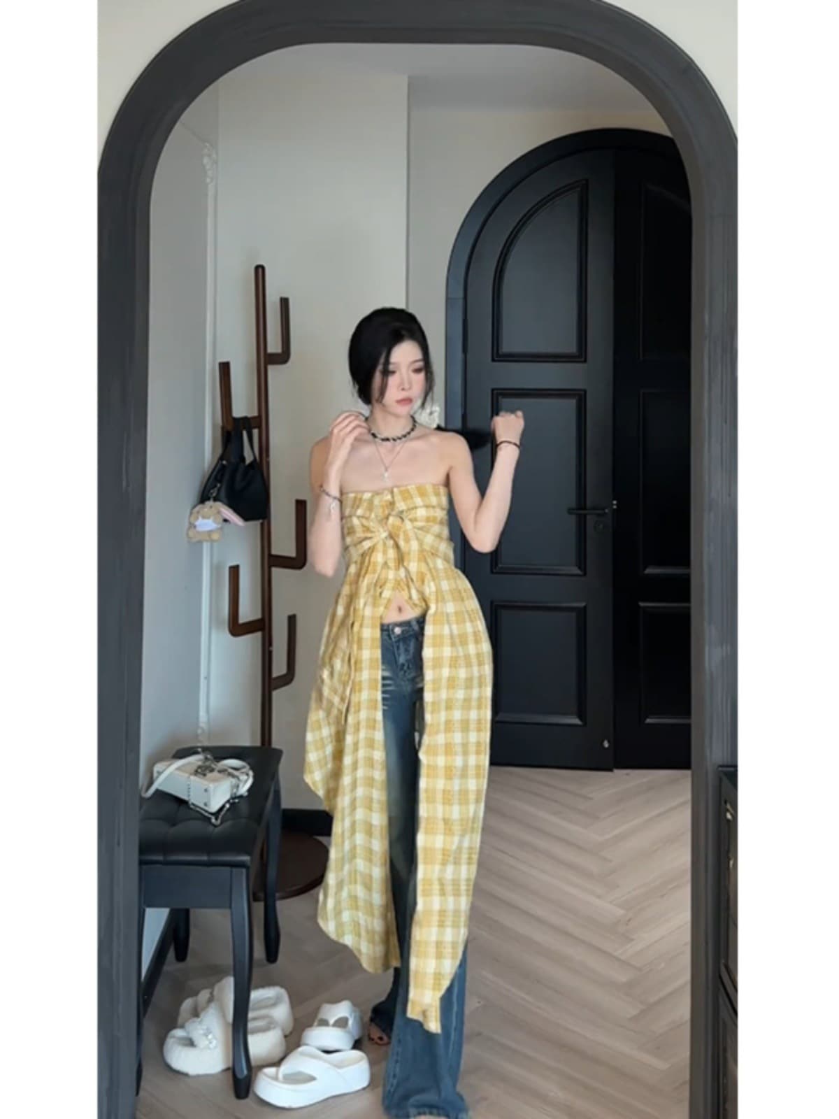 2024年夏新作デザイン ノースリーブチェック柄ブトップシャツ 韓国風イレギュラーサスペンダーワンピース付き女性用