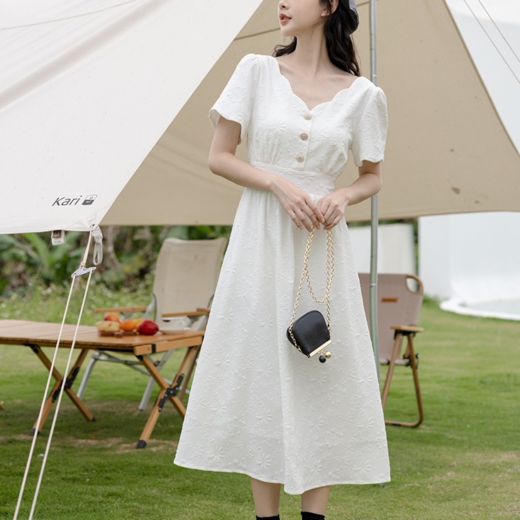 ワンピース フレアワンピース ロング ロング丈 アンクル丈 袖あり 半袖 パフスリーブ Vネック セミフレア Aライン 大人可愛い 大人 上品 おしゃれ お洒落 大人女子 こなれ感 ラフ