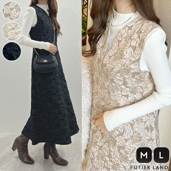 【大人気商品につき新色追加！】ワンピース 花柄 フラワー柄 ジャガード ポケット付き 華やか 上品 光沢 Vネック 深Vネック キーネック オフィスカジュアル キレイめ シワになりにくい 韓国ファ