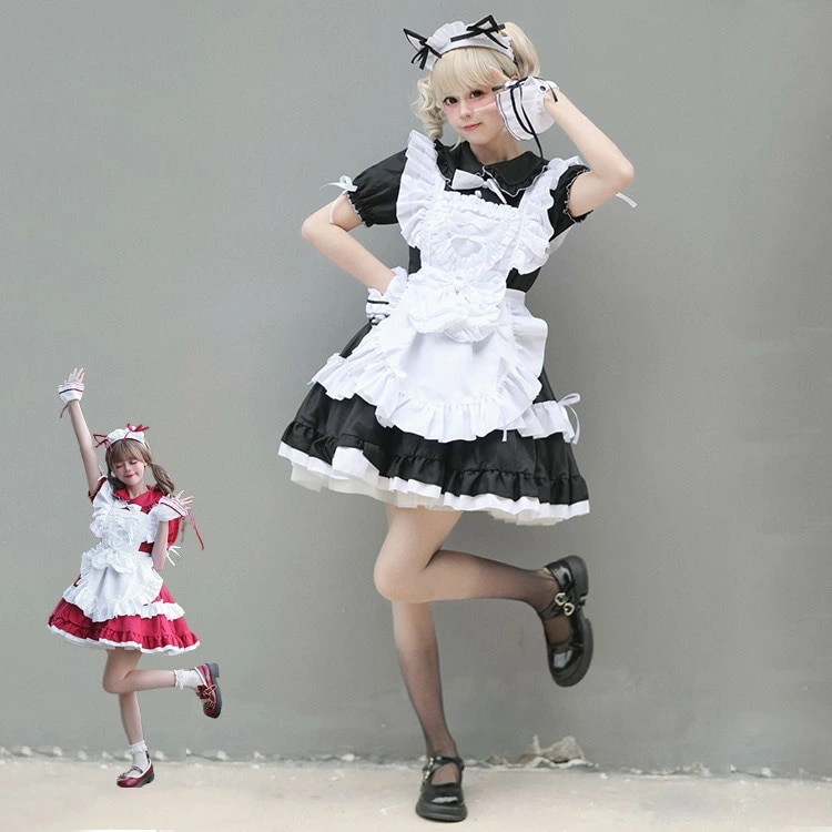 メイド レディース 正統派メイド 半袖 フリル ボウタイ リボン ぽわん袖 メイド喫茶 メイドカフェ ワンピ コスプレ ワンピース メイド服 レース ミニ丈 学園祭 文化祭 イベント コスプレ コスチ