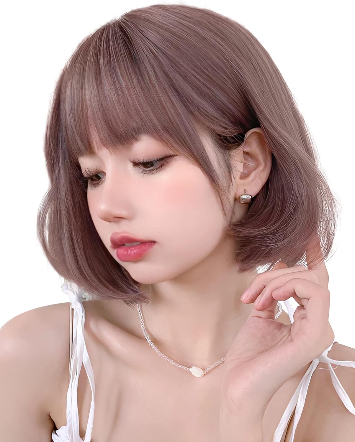 ショートボブ ストレート 耐熱 人工毛ウィッグ ピンクアッシュ ネット・櫛付き