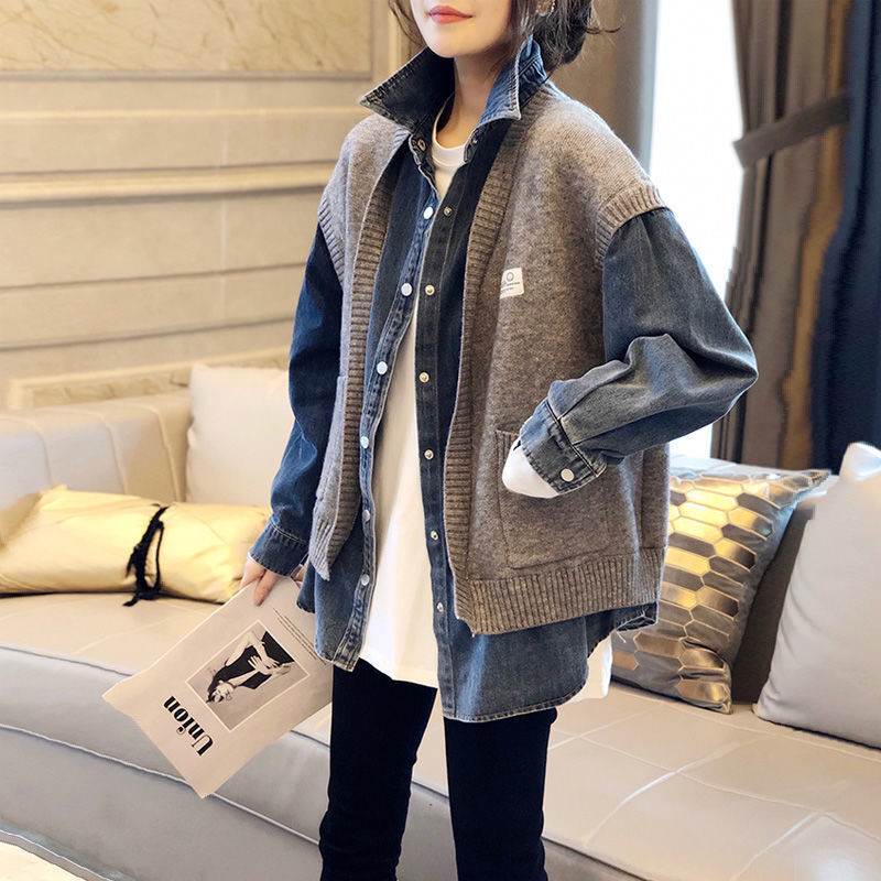 アウター ジャケット レディース Gジャン 長袖 Vネック 襟付き ストリート ポケット 前開き ボタン 切り替えデザイン ドッキング デニム ブルーデニム 異素材ミックス ニット おしゃれ かっこい