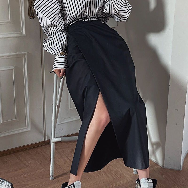 春秋ヒップ抱きロングスカートネットセレブファッションレースアップスリットハイウエスト着痩せaラインスカート