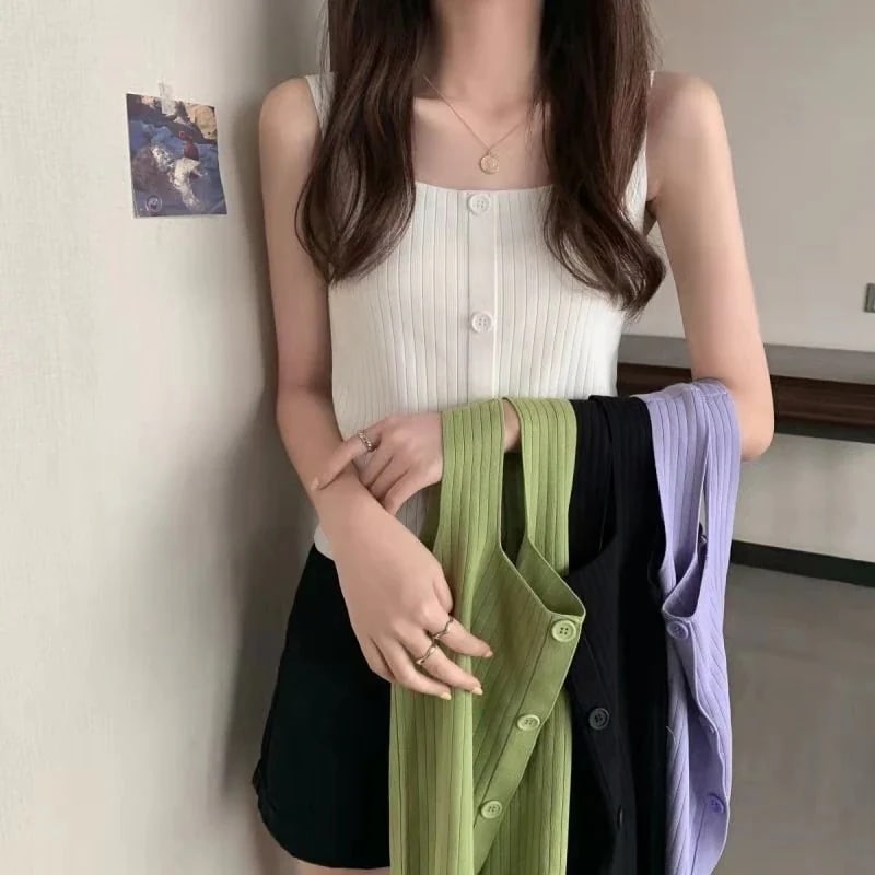 【20点セット】【急速出荷】タンクトップ レディース インナー 無地 スクエアネック ノースリーブ トップス カジュアル ボタン キャミソール