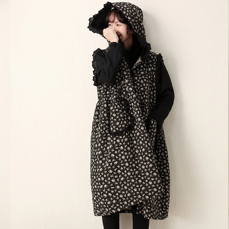 2色おしゃれ新品ベスト 花柄カ今週の割引は 25% オフですーディガン前開きワンピース 春秋コートアウターノースリーブロングベスト裏起毛フード付きマキシ丈着痩せベスト大きいサイズ
