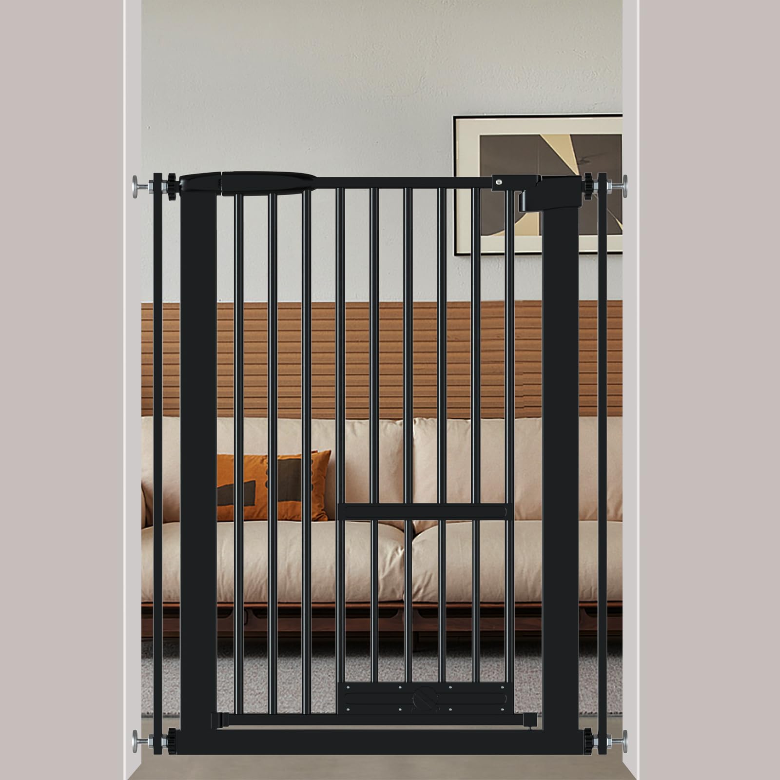 Seogva ペットゲート ベビーゲート 高さ103 間隔3.5 ペットゲート ドア付き 猫すり抜け防止 飛び越え防止ゲート 猫ドア付きゲート 過密フレーム付き（ブラック 61.5-72cm）