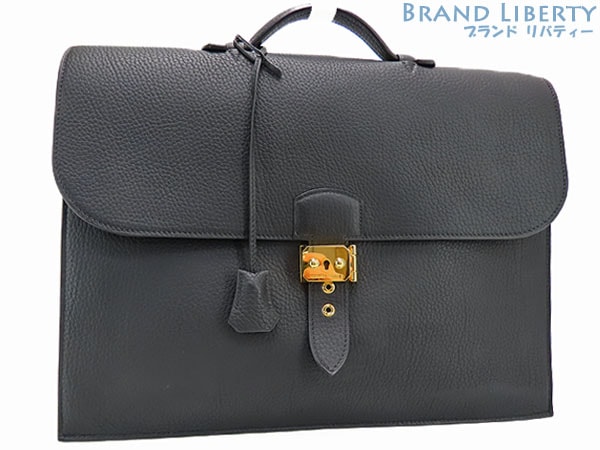 超美品エルメスサックアデペッシュ38ビジネスバッグブリーフケースサックアデペッシュブラックゴールド金具フィヨルド