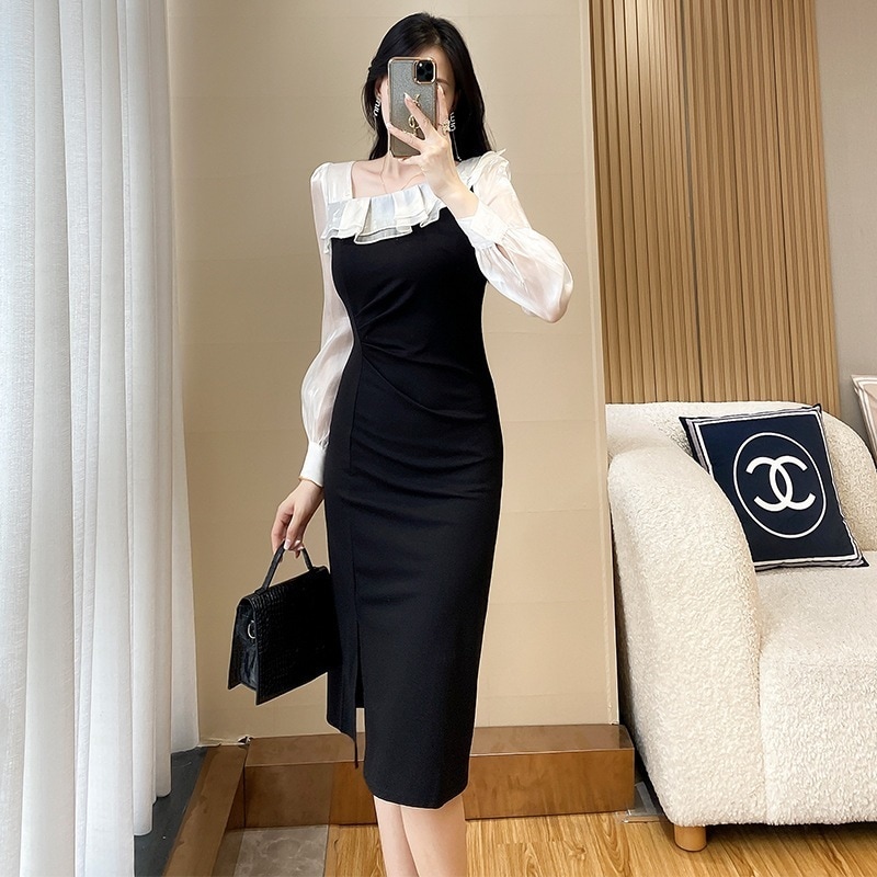 2023 秋冬スリムセクシードレス女性の気質日常宴会ウエストドレス