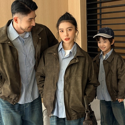 子供の高質感手動カラー拭きレトロPUレザー親子服子供の冬のコットンジャケット開襟コートブーム