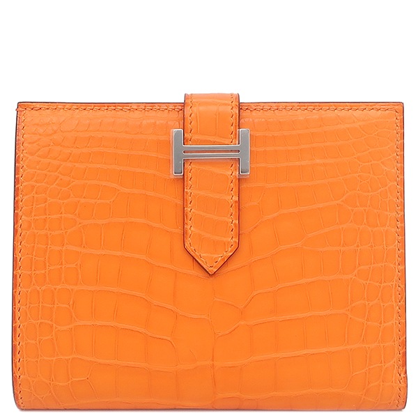 エルメス 二つ折り財布 ベアンコンパクト アリゲーターマット オレンジ シルバー金具 クロコ K刻印(2025年製) 【箱】【中古】