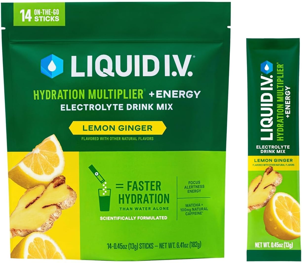 Liquid I.V. Energy Multiplier, Super-Charged Matcha Mix, 9 Essential Vitamins (Lemon Ginger) (14 ct)