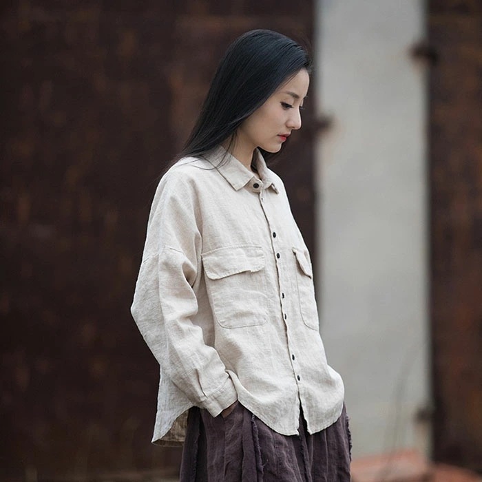 綿麻 シャツ ブラウス レディース 長袖 春 夏 大きいサイズ 体型カバー 無地 トップス 丸襟 前開き 着痩せ 女性用 吸汗 通気 おしゃれ シンプル カジュアル エレガント レトロ きれいめ 薄手