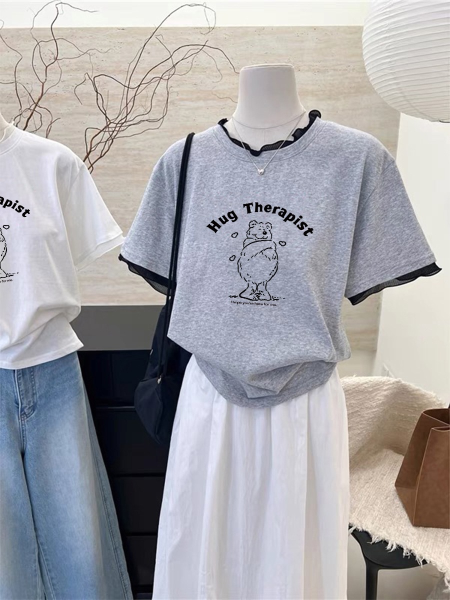 【1点ご購入 で10点プレゼントいたします】2025減齢小熊プリント半袖Tシャツ女性ゆったり下着ジョイントレースヘッダートップス