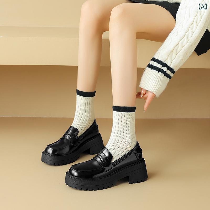 ローファー レディース オフィス 英国 プラット フォーム ソール 暖かい 毛皮 女性用 シューズ 厚底 ラウンドトゥ 深口 高さ 通勤用 小さい 革靴