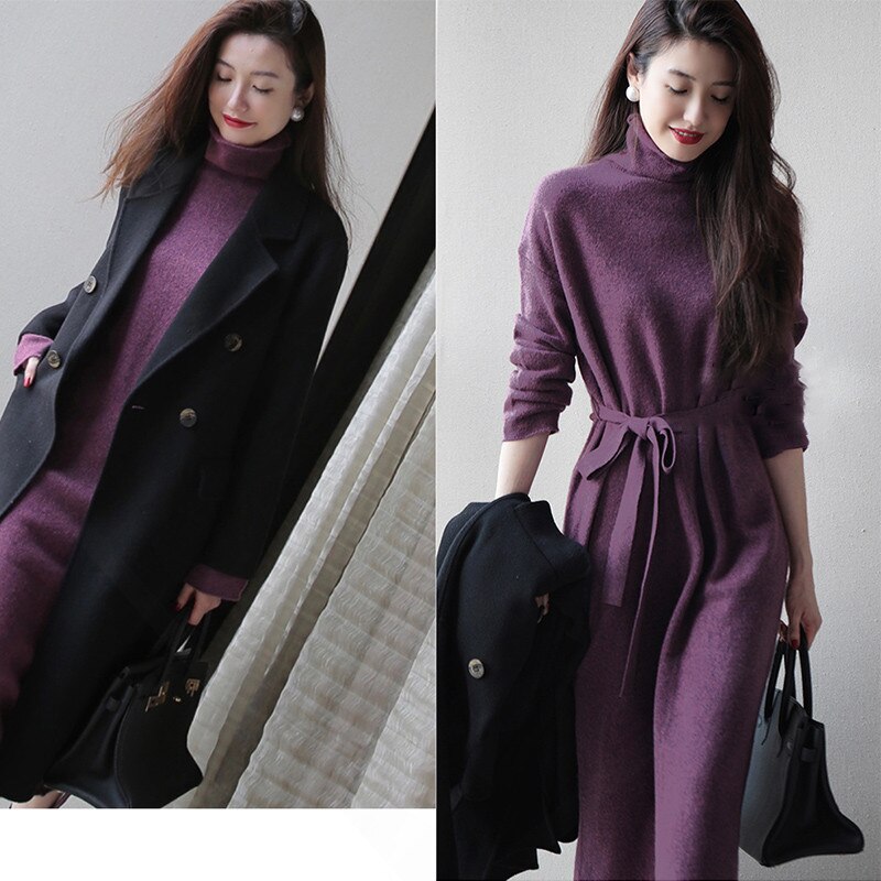 タートルネック ニュースタイル ウエスト引き締め ロング丈 ニットワンピース韓国ファッション おしゃれ のワンピース2025春 着痩せ