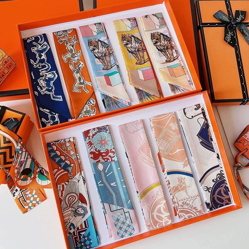 女性用シルクのスカーフ,頭用の装飾が施された小さなシルクのハンドバッグ,頭用の狭い装飾