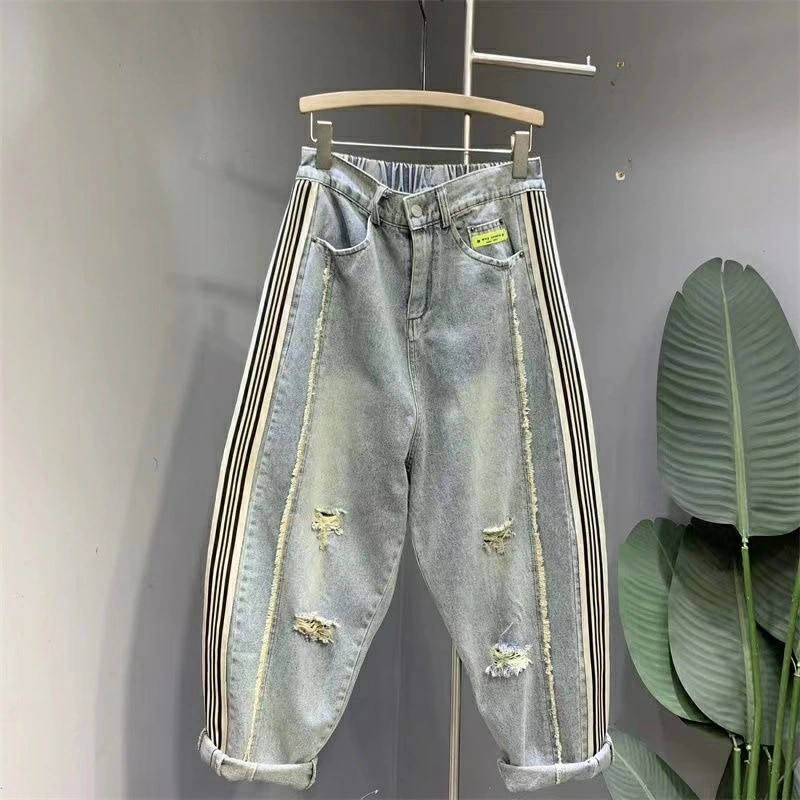 【人気商品】デニムパンツ レディース 大きいサイズ ウエストゴム 美脚 サルエルパンツ サイドライン ダメージ加工 九分丈 ボトムス ハイウエスト 可愛い ゆったり 楽ちん きれいめ カジュアル オシ