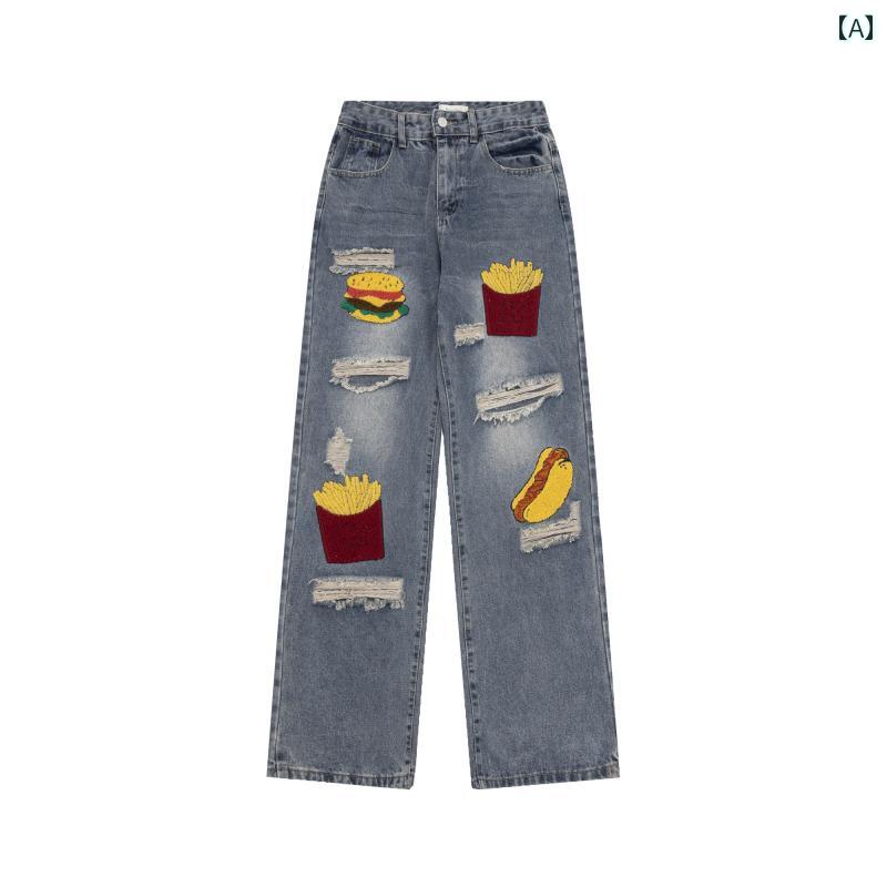 デニムパンツ レディース メンズ ダメージ ジーンズ クラッシュ ボトムス アメリカン レトロ ストレート 秋 カジュアル ストリート パンツ ブルー