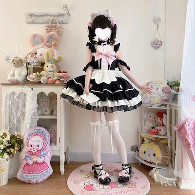 ロリータ 二次元 メイド服 コスプレ ダークナイトにゃんこ娘ロリータ 洋装学院祭用スイート メイド