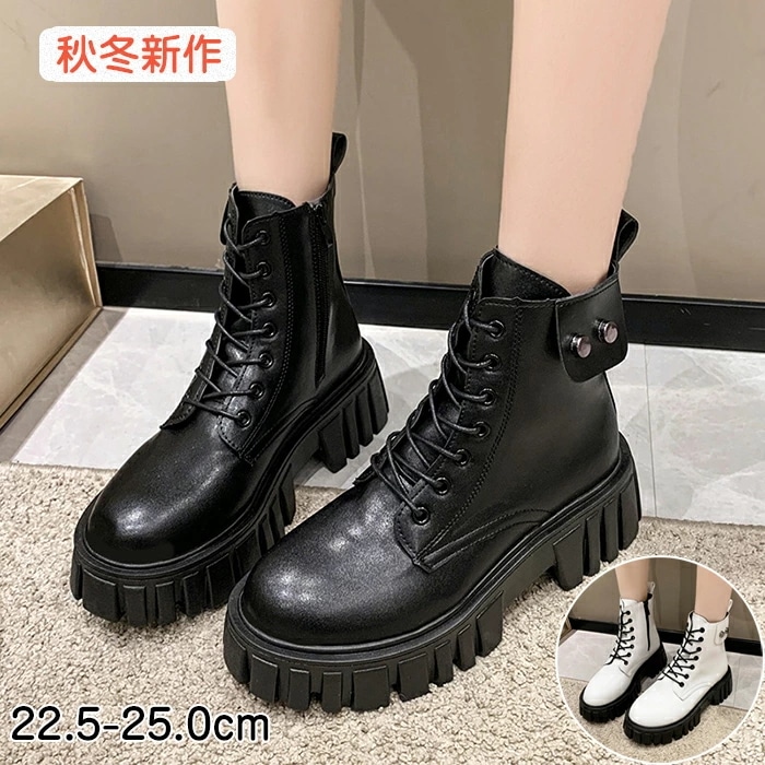 ブーツ レディース 歩きやすい 黒 秋冬 美脚 厚底 ショートブーツ 太ヒール レースアップブーツ み上げ ブーツ レースアップブーツ シンプル ソフトタッチ ストレッチブーツ フェイクレザー シュー