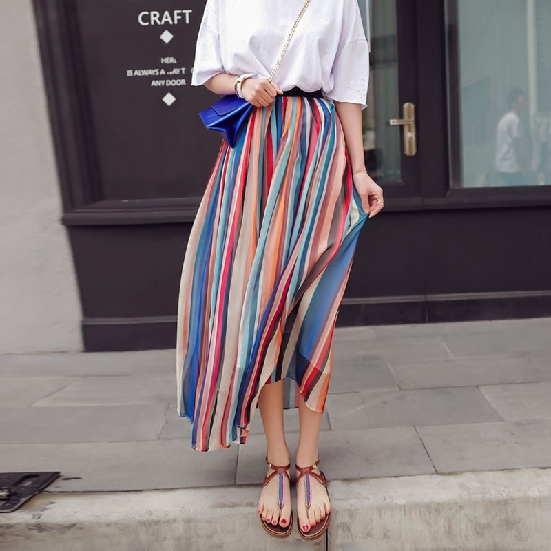 3206.マキシ丈 ストライプシフォンスカート（ブルー＆オレンジ）2019 春夏 sale カラフル お出かけ 普段使い ウエストゴム