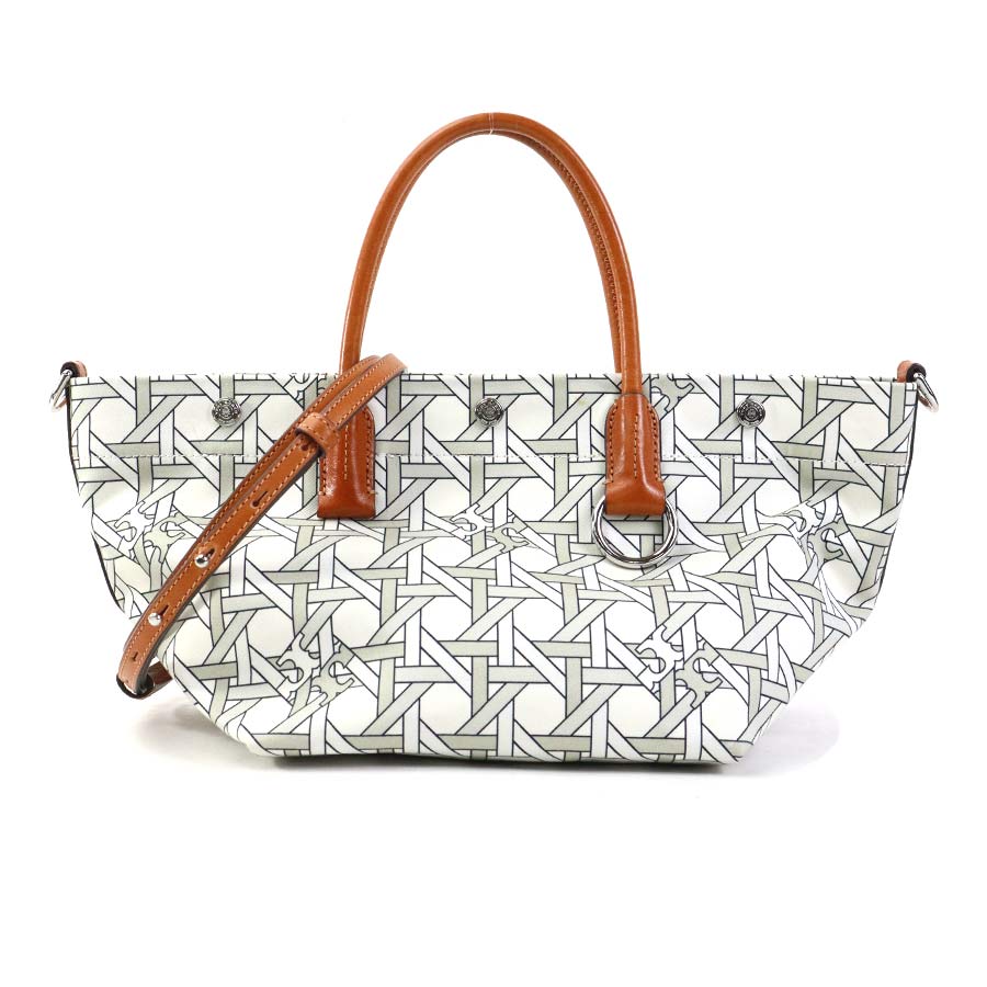 トリーバーチ Tory Burch ハンドバッグ ショルダーバッグ ナイロンキャンバス/レザー ホワイト系×ブラウン レディース 56092a