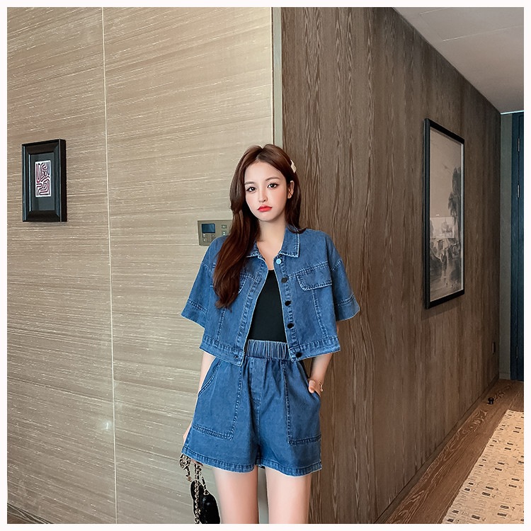 楽しておしゃれ 激安セール サマー21 ゆったりする デニム 年末年始大決算 短い 2点セット コート 半袖 ワイドレッグ ショートパンツ カジュアル Sweet系 ピュアカラー ヤングスタイル トレンド