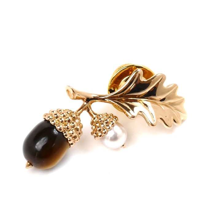 MIKIMOTO ミキモト K18PG ピンクゴールド 2006年クリスマスチャリティ限定 タイガーアイ・パール ブローチ パール約5.0mm 6.9g どんぐり レディース 中古 美品