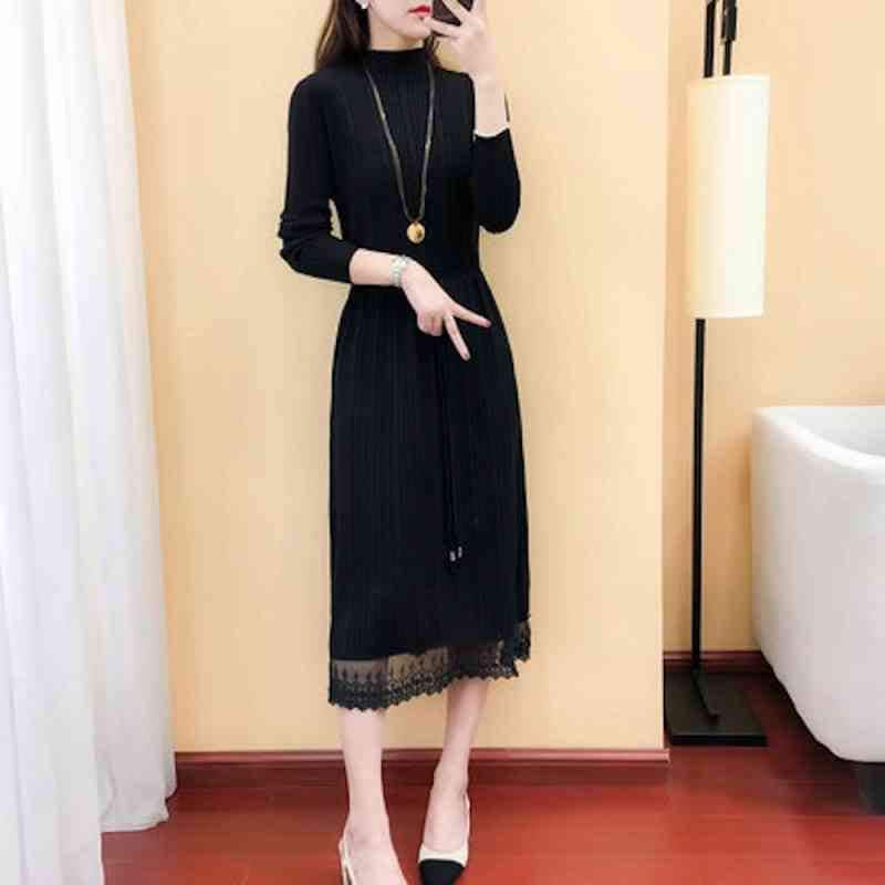 ワンピース レディース Aライン ネック 大人 韓国 秋 安い 大きいサイズ きれいめ 20代 スカート ロング 黒 白 40代 アウトドア 厚手 かわいい しっかり ニット 体感 人気 前開き トッ