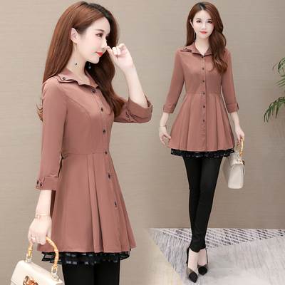 コート レディース トレンチ アウター 個性的 七分袖 ミドル丈 Aライン レース ハイウエスト ウエストマーク 無地 ピンク 黒 L XL 2XL 3XL 4XL 5XL 大きいサイズ 体型カバー