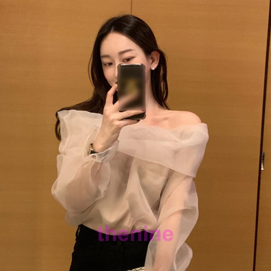 安い商品 今日だけ オフショルダー ブラウス レディース 長袖 シースルー ゆったり 韓国 薄手 春 透け 肩出しバルーン袖 お洒落 トップス カラー チュール 無地 ギフトポイント
