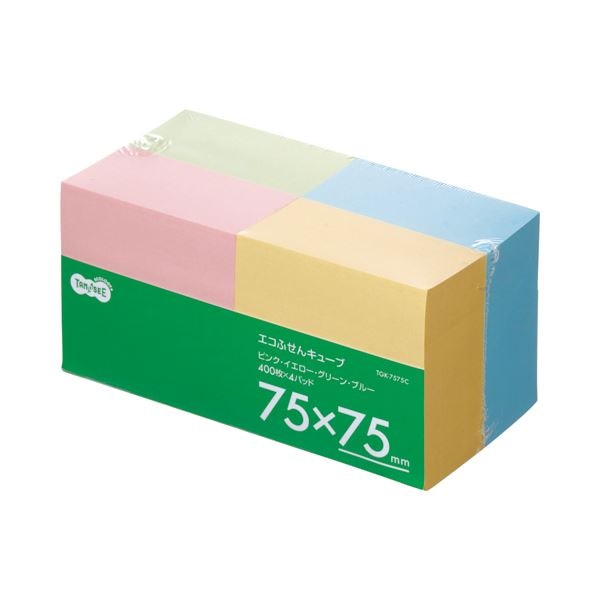 （まとめ）TANOSEE エコふせん キューブ 75x75mm 4色 1パック（4冊） [x10]