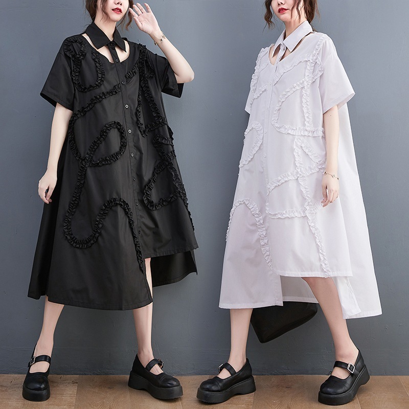 デザイン ワンピース シャツワンピース ロング丈 袖なし 半袖 襟付き デコルテ シャツカラー アシンメトリー デザイン ボタン 美ライン フリル スリット かわいい 大人可愛い きれいめ シンプル