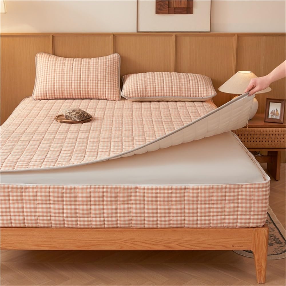 レトロチェックキルティング綿製フィットシーツ クイーンサイズ - 360全体包みマットレスパッドカバー滑り止め通気性プロテクター(2-Orange 150*200+25cm)