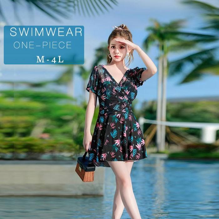 (WJ Fashion)水着 レディース ワンピース 体型カバー フレアスカート風 花柄 大きいサイズ M4L フィットネス風 ラッシュガード風 半袖 大人可愛い スイムウェア