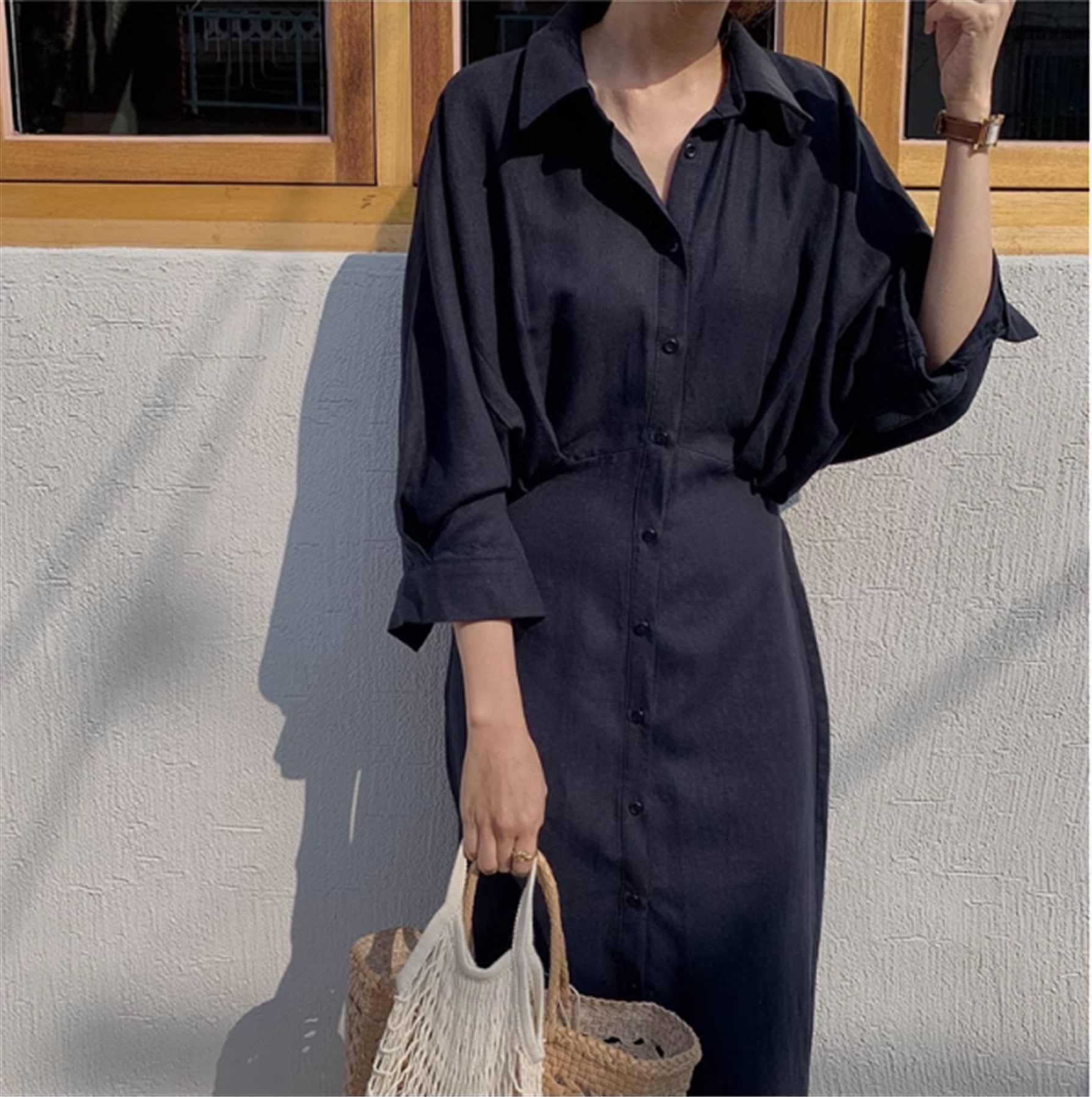 ワンピース シャツワンピース ロング丈 長袖 Vネック POLO襟 ウエストマーク リボン 前開き 大人可愛い きれいめ シンプル 大人女子 こなれ感 春 夏 秋 10代 20代 30代 40代