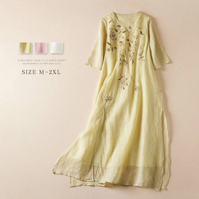 ワンピース レディース 夏 綿麻 五分袖 半袖ワンピース 花柄 刺繍 スリット チャイナボタン リネン コットン 春 Aラインワンピース エレガント フレア きれいめ シンプル スッキリ ナチュラル 4,763円