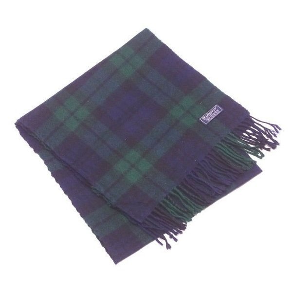 マフラー フリンジ付き チェック グリーン パープル系 中古