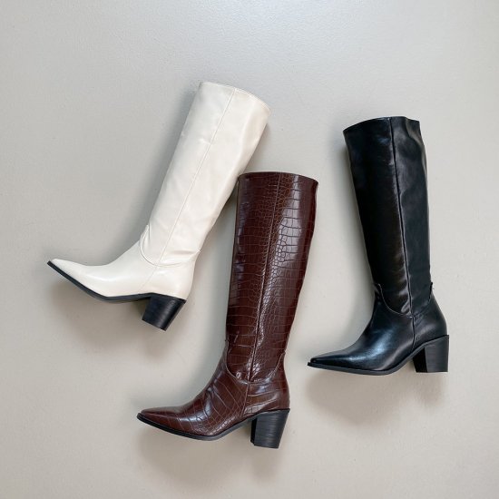 【取寄：納期2週間】ロングブーツ ポインテッドトゥ ウエスタン調 型押し フェイクレザー エコレザー 太ヒール ゆったり 白 ホワイト 黒 ブラック ブラウン 6cmヒール レディース